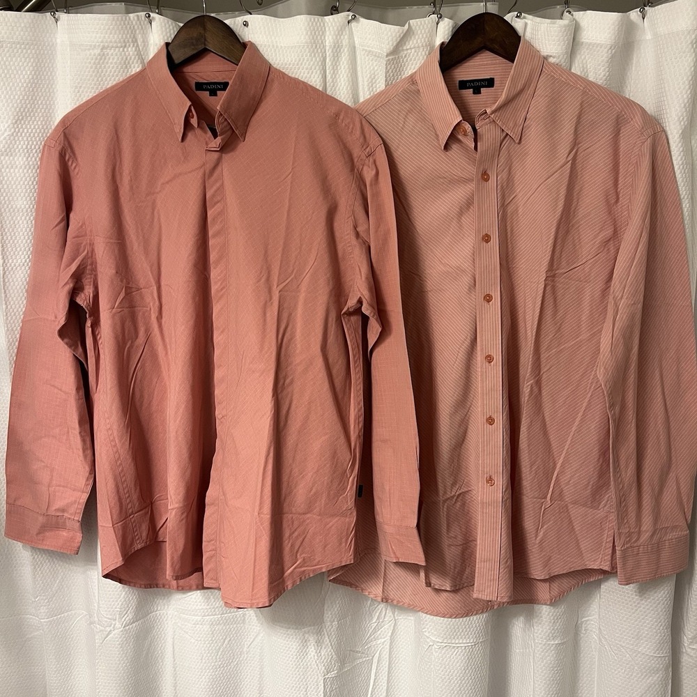 Padini Mens Large Long Sleeve Button Dress Shirt Coral Salmon White LOT OF 2‎ EC